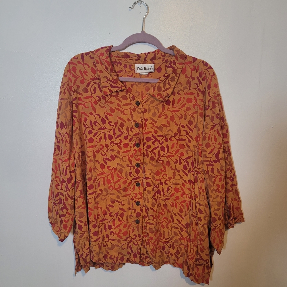 Red's Threads Goldenrod and Red Floral Boxy Button Down Shirt Size 2X